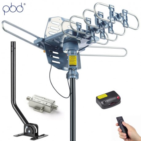 PBD Digital Outdoor TV Antenna, 150 Mile Motorized 360 Degree Rotation Support 2 TVs, Mounting Pole, 50FT RG6 Coax Cable, Wireless Remote Control, UHF/VHF, Snap-On Installation